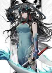 Rule 34 | 1girl, absurdres, aqua dress, aqua hair, arknights, black hair, colored skin, commentary, dragon, dragon girl, dragon horns, dragon tail, dress, dusk (arknights), dusk (everything is a miracle) (arknights), eastern dragon, expressionless, frown, highres, holding, holding sword, holding weapon, horns, ink, long hair, looking at viewer, multicolored hair, pointy ears, red eyes, shiro (siro kuten), simple background, solo, streaked hair, sword, tail, wavy hair, weapon, white background
