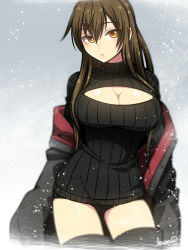 Rule 34 | 1girl, amaga sakuramaru, black footwear, black shorts, black sweater, boots, breasts, brown hair, center opening, cleavage, cleavage cutout, clothing cutout, coat, contrapposto, cowboy shot, large breasts, long hair, long sleeves, looking at viewer, meme attire, off shoulder, open-chest sweater, original, ribbed sweater, short shorts, shorts, snow, solo, standing, sweater, thigh boots, thighhighs, turtleneck, yellow eyes