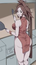 Rule 34 | 1girl, ass, bare arms, bare shoulders, breasts, brown eyes, brown hair, china dress, chinese clothes, curvy, dress, frying pan, guilty gear, hair ornament, hairclip, happy, highres, hip focus, kitchen, kuma (jk0073), kuradoberi jam, ladle, large breasts, legs, looking at viewer, looking back, open mouth, oven, pelvic curtain, red dress, sleeveless, sleeveless dress, smile, solo, teeth, thick thighs, thighs, tongue, twintails, unfinished, wide hips