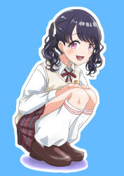 Rule 34 | 1girl, absurdres, artist request, bad link, black hair, blue background, brown footwear, commentary request, fukumaru koito, full body, hair ribbon, highres, idolmaster, idolmaster shiny colors, kneehighs, loafers, looking at viewer, loose socks, miniskirt, neck ribbon, plaid, plaid skirt, pleated skirt, purple eyes, ribbon, school uniform, shirt, shoes, skirt, socks, solo, squatting, sweater vest, swept bangs, twintails, white shirt, white socks