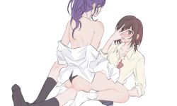 2girls asahina_mafuyu ass black_panties black_socks blush bow bowtie brown_eyes brown_hair collared_shirt commentary hand_on_own_face highres long_hair lynyozora multiple_girls necktie no_pants off_shoulder panties project_sekai purple_hair red_bow shinonome_ena shirt short_hair simple_background sitting sitting_on_person socks symbol-only_commentary underwear undone_bowtie white_background white_shirt white_socks yellow_shirt yuri