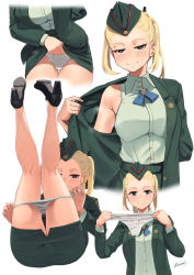 Rule 34 | 1girl, blonde hair, blue eyes, blush, clothes pull, frilled panties, frills, garrison cap, girls&#039; frontline, green jacket, green skirt, hair bun, hat, high heels, highres, holding, holding clothes, holding panties, holding underwear, jacket, kion-kun, legs, legs up, lifted by self, looking at viewer, military, military uniform, multiple views, panties, unworn panties, panty pull, serdyukov (girls&#039; frontline), shirt, signature, simple background, single hair bun, skirt, skirt pull, sleeveless, sleeveless shirt, smile, smug, steaming body, twintails, underwear, uniform, white background, white panties, white shirt