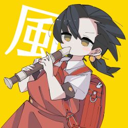 Rule 34 | 1girl, backpack, bag, bag charm, black hair, blush stickers, charm (object), collared shirt, commentary request, dress, dutch angle, floating hair, flute, hands up, highres, holding, holding flute, holding instrument, instrument, kaai yuki, kyoufuu all back (vocaloid), long hair, looking ahead, low twintails, momochi tama, music, necktie, no pupils, pinafore dress, playing instrument, puffy short sleeves, puffy sleeves, randoseru, recorder, red dress, red necktie, shirt, short sleeves, sleeveless, sleeveless dress, solo, translation request, twintails, upper body, v-shaped eyebrows, vocaloid, white shirt, yellow background