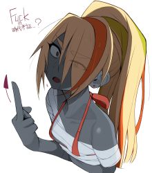 Rule 34 | 10s, 1girl, bad id, bad pixiv id, bare shoulders, bikini, breasts, colored skin, earrings, eyes visible through hair, green hair, grey skin, hair over one eye, irogomi, jewelry, long hair, looking at viewer, middle finger, nikaidou saki, open mouth, orange eyes, ponytail, red bikini, red eyes, sarashi, simple background, small breasts, solo, swimsuit, very long hair, white background, zombie, zombie land saga