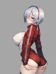 Rule 34 | 1girl, absurdres, ass, ass grab, black thighhighs, blue eyes, blush, breasts, buruma, commentary request, covered erect nipples, grabbing own ass, grey background, grey hair, gym shirt, gym uniform, hair over one eye, hairband, hamakaze (kancolle), highres, jacket, kantai collection, large breasts, looking at viewer, parted lips, red jacket, shirt, short hair, simple background, standing, thighhighs, thighs, torisan, white shirt