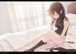 Rule 34 | 1girl, absurdres, ahoge, bare shoulders, barefoot, bed, bed sheet, black socks, blue eyes, blush, brown hair, character name, closed mouth, covered navel, curtains, full body, hair flaps, highres, huge filesize, indoors, kantai collection, letterboxed, lips, long hair, naoto (tulip), no panties, official alternate costume, page number, scan, shigure (kancolle), simple background, sitting, sleeveless, socks, solo, thighs, toes, window