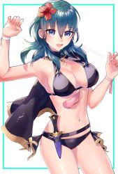 Rule 34 | 1girl, armpits, bikini, blue eyes, blue hair, breasts, byleth (female) (fire emblem), byleth (female) (summer) (fire emblem), byleth (fire emblem), commentary request, cowboy shot, dagger, eyes visible through hair, fire emblem, fire emblem: three houses, flower, hair between eyes, hair flower, hair ornament, highres, knife, large breasts, looking at viewer, mano (m1n0f2e1), medium hair, navel, nintendo, official alternate costume, open mouth, sheath, sheathed, simple background, solo, swimsuit, teeth, tongue, weapon, white background