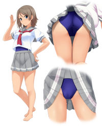 Rule 34 | 1girl, barefoot, blue eyes, blue one-piece swimsuit, breasts, brown hair, closed mouth, clothes lift, commentary request, covered navel, grey sailor collar, grey skirt, hair between eyes, hand on own hip, hand up, highres, looking at viewer, love live!, love live! sunshine!!, medium breasts, multiple views, nonaka ritsu, one-piece swimsuit, pleated skirt, puffy short sleeves, puffy sleeves, red neckwear, sailor collar, school uniform, serafuku, shirt, short sleeves, simple background, skirt, skirt lift, smile, standing, swimsuit, swimsuit under clothes, watanabe you, white background, white shirt