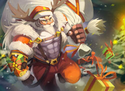 Rule 34 | 1boy, abs, absurdres, antlers, arm at side, bara, beard, belt, black gloves, black sclera, blurry, blurry background, brown belt, christmas present, clenched hand, colored sclera, facial hair, furry, furry male, gift, glasses, gloves, green eyes, hat, highres, holding, holding sack, horns, large pectorals, looking at viewer, male focus, muscular, muscular male, pang (sdorica), pants, pectorals, red hat, red pants, sack, santa costume, santa hat, sdorica, solo, tiger boy, white facial hair, yed (yedsilent)