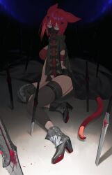 Rule 34 | 1girl, animal ears, aqua eyes, bandeau, black jacket, black mask, black thighhighs, blood, bloody weapon, boots, breasts, commentary, cropped jacket, garter straps, hair between eyes, hair ornament, hairclip, high heel boots, high heels, highres, jacket, large breasts, looking at viewer, mask, mouth mask, noy, original, planted, planted sword, planted weapon, red bandeau, red hair, sitting, solo, sword, symbol-only commentary, tail, thigh strap, thighhighs, weapon