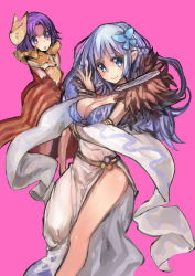 Rule 34 | 2girls, :o, animal, animal around neck, blue eyes, blue hair, blush, bracelet, breasts, butterfly hair ornament, cleavage, closed mouth, commentary request, detached sleeves, dress, feet out of frame, fox, fox mask, hair ornament, highres, jewelry, large breasts, light blue hair, long hair, looking at viewer, mask, mask on head, multiple girls, okishiji en, open mouth, parted bangs, pink background, professor (ragnarok online), purple eyes, purple hair, ragnarok online, red dress, red sleeves, short hair, simple background, sleeveless, sleeveless dress, smile, sorcerer (ragnarok online), striped sleeves, white dress, yellow sleeves