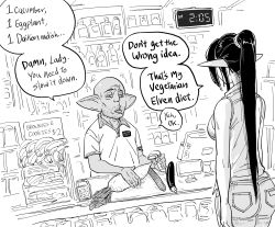 Rule 34 | 1boy, 1girl, ass, bad id, bald, banana, bare shoulders, bb (baalbuddy), clock, commentary, convenience store, cucumber, daikon, denim, digital clock, eggplant, elf, english commentary, english text, facial hair, fangs, female goblin, food, fruit, goblin, greyscale, highres, holding, inactive account, jeans, jitome, long hair, monitor, monochrome, original, pants, parted lips, pointy ears, ponytail, radish, shirt, shop, simple background, stand, stubble, very long hair, white background