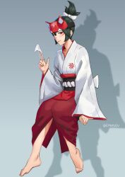 Rule 34 | 1girl, barefoot, black hair, breasts, brown eyes, emknov, grey background, highres, japanese clothes, kimono, kiriko (overwatch), looking at viewer, overwatch, overwatch 2, paper, ponytail, simple background, sitting, small breasts, solo, twitter