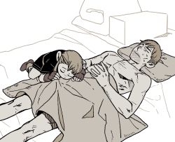 Rule 34 | 1boy, 1girl, alternate species, ankle boots, bed sheet, blanket, boots, box, chilchuck tims, chilchuck tims (tallman), closed eyes, dungeon meshi, facial hair, feet out of frame, fingerless gloves, furrowed brow, gloves, halfling, kimsun 28, leaning on person, lying, lying on person, marcille donato, marcille donato (half-foot), monochrome, naked sheet, on back, pantyhose, robe, short hair, short sleeves, stubble, sweatdrop, under covers