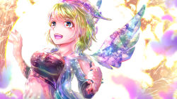 Rule 34 | 1girl, :d, bad id, bad pixiv id, blonde hair, blue eyes, clothing cutout, crop top, highres, kagamine rin, midriff, navel, open mouth, shigemu room, short hair, shoulder cutout, smile, solo, stomach, upper body, vocaloid, wings