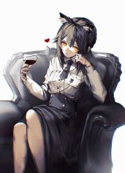 Rule 34 | 1girl, alternate costume, animal ears, arknights, armchair, black hair, black necktie, black skirt, bracelet, breast pocket, chair, collared shirt, cup, drinking glass, ear piercing, extra ears, feet out of frame, hands up, head tilt, heart, highres, holding, holding cup, jewelry, long skirt, long sleeves, looking at viewer, multiple rings, necktie, piercing, pocket, ring, shirt, simple background, sitting, skirt, solo, texas (arknights), veilrain, white background, white shirt, wine glass, wolf ears, yellow eyes