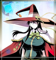 Rule 34 | 10s, 1girl, black hair, breasts, cape, green eyes, hat over one eye, kagari ayaka, large breasts, long hair, looking at viewer, solo, witch craft works, yunioshi