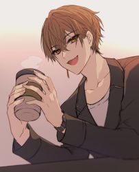 Rule 34 | 1boy, :d, black jacket, brown eyes, brown hair, coffee cup, collarbone, cup, disposable cup, fang, fushimi gaku, hair between eyes, holding, holding cup, jacket, long sleeves, looking at viewer, male focus, mole, mole under eye, nijisanji, open mouth, shikino yuki, shirt, smile, solo, steam, upper body, virtual youtuber, watch, white shirt, wristwatch
