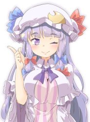Rule 34 | 1girl, ;), arnest, blue bow, blush, bow, breasts, capelet, commentary request, crescent, crescent hair ornament, dress, frills, hair bow, hair ornament, hand up, hat, hat bow, index finger raised, large breasts, long hair, long sleeves, looking at viewer, mob cap, neck ribbon, one eye closed, patchouli knowledge, purple capelet, purple dress, purple eyes, purple hair, purple hat, purple ribbon, red bow, ribbon, sidelocks, simple background, smile, solo, striped clothes, striped dress, touhou, upper body, vertical-striped clothes, vertical-striped dress, very long hair, white background, wide sleeves, wing collar