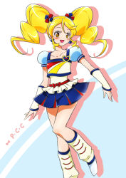 Rule 34 | 10s, 1girl, alternate form, blonde hair, blue skirt, boots, bow, brooch, cure honey, cure honey (popcorn cheer), earrings, full body, happinesscharge precure!, heart, heart brooch, highres, jewelry, kagami chihiro, knee boots, leg warmers, long hair, magical girl, multicolored clothes, multicolored skirt, oomori yuuko, precure, puffy sleeves, skirt, smile, solo, twintails, waist bow, wrist cuffs, yellow eyes