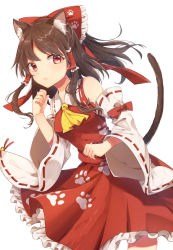 Rule 34 | 1girl, animal ear fluff, animal ears, ascot, bare shoulders, bell, blush, bow, breasts, brown hair, cat ears, cat tail, commentary request, cowboy shot, detached sleeves, frilled bow, frills, hair bow, hair tubes, hakurei reimu, half updo, jingle bell, konnyaku (yuukachan 51), long hair, long sleeves, looking at viewer, medium breasts, paw print, petticoat, red bow, red eyes, red skirt, ribbon-trimmed collar, ribbon-trimmed sleeves, ribbon trim, sidelocks, simple background, skirt, skirt set, solo, standing, tail, touhou, white background, wide sleeves, wily beast and weakest creature, yellow ascot