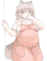 Rule 34 | 1girl, :3, acorn12 o, animal ear fluff, animal ears, apron, blush, breasts, brown eyes, character request, clenched hand, closed mouth, commentary request, copyright request, covered navel, cowboy shot, dot nose, fang, hair between eyes, highres, light brown hair, long hair, looking at viewer, medium breasts, open hand, orange apron, plump, pocket, shirt, short eyebrows, short sleeves, simple background, solo, tail, tareme, thick eyebrows, white background, white shirt
