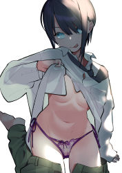 Rule 34 | 1girl, :q, absurdres, arm support, black hair, black necktie, blue eyes, blush, bow, bow panties, breasts, closed mouth, clothes lift, clothes pull, green pants, hair over one eye, highres, lifting own clothes, long sleeves, looking at viewer, navel, necktie, no bra, no shoes, omucchan (omutyuan), original, panties, pants, pants pull, purple panties, shirt lift, short hair, side-tie panties, simple background, sitting, sleeves past wrists, small breasts, smile, socks, solo, tongue, tongue out, underwear, white background, white socks