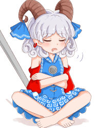 Rule 34 | 1girl, bare legs, bare shoulders, barefoot, blue dress, blush, closed eyes, commentary, crossed arms, curly hair, detached sleeves, dress, earrings, goat girl, goat horns, highres, horn ornament, horn ribbon, horns, jewelry, print dress, ribbon, rozugadena, single earring, sitting, sleeping, solo, touhou, toutetsu yuuma, white hair