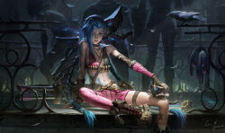 Rule 34 | 1girl, absurdres, arcane: league of legends, arm tattoo, artist name, asymmetrical bangs, bare shoulders, belt, bird, black gloves, blue eyes, blue hair, blue nails, bomb, braid, breasts, brown belt, brown footwear, bullet necklace, chest tattoo, chinese commentary, closed mouth, commentary, explosive, fence, fingerless gloves, fingernails, gloves, gun, guoxue, highres, holding, holding bomb, indoors, jinx (league of legends), league of legends, long hair, looking at viewer, multiple belts, navel, people, sitting, small breasts, solo focus, stomach tattoo, stuffed animal, stuffed toy, tattoo, twin braids, very long hair, weapon