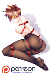 Rule 34 | 1girl, artist name, bdsm, bondage, bound, breasts, brown hair, glasses, goggles, highres, looking at viewer, nipples, overwatch, overwatch 1, pantyhose, patreon, restrained, saito ryou, shibari, short hair, sideboob, solo, spiked hair, tracer (overwatch), watermark, web address