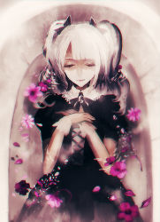Rule 34 | 1girl, black dress, closed eyes, dress, flower, gloves, gradient background, lying, on back, original, solo, twintails, white gloves, white hair, yumepon
