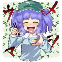 Rule 34 | 1girl, :d, blue hair, bowl, chopsticks, closed eyes, face, female focus, flower, food, food on face, hair bobbles, hair ornament, happy, hat, kawashiro nitori, open mouth, rose, saemon (tonpura), short hair, smile, solo, touhou, twintails, two side up, white flower, white rose