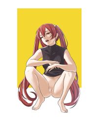 Rule 34 | 1girl, barefoot, black sweater, bottomless, breasts, casual nudity, fire emblem, fire emblem awakening, highres, large breasts, long hair, looking at viewer, navel, nintendo, open mouth, pomelomelon, pussy, red eyes, red hair, severa (fire emblem), sleeveless, sleeveless sweater, solo, squatting, sweater, twintails, yellow background