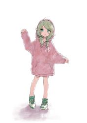 Rule 34 | 1girl, :o, ahoge, blonde hair, blush, commentary request, drawstring, full body, green eyes, highres, hood, hoodie, idolmaster, idolmaster cinderella girls, kyouno, long hair, long hoodie, long sleeves, looking at viewer, low twintails, parted lips, pink hoodie, shoes, simple background, sleeves past wrists, sneakers, solo, twintails, white background, yusa kozue