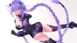 Rule 34 | 1girl, :o, ass, black footwear, black gloves, black leotard, blue eyes, blush, boots, braid, breasts, cait aron, choujigen game neptune, cleavage, cleavage cutout, clothes writing, clothing cutout, commentary request, dutch angle, gloves, gradient background, grey background, hair ornament, highres, legs apart, leotard, long hair, long sleeves, looking at viewer, looking back, neptune (series), open mouth, power symbol, power symbol-shaped pupils, purple hair, purple heart (neptunia), sidelocks, solo, standing, symbol-shaped pupils, thigh boots, thighhighs, twin braids, twisted torso, very long hair