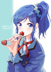 Rule 34 | 1girl, absurdres, aikatsu!, aikatsu! (series), aqua background, blue eyes, blue hair, blue jacket, blue scrunchie, commentary request, dated, food, fruit, gurifu, hair ornament, hair scrunchie, hand to own mouth, hands up, high ponytail, highres, holding, holding food, jacket, kiriya aoi, long sleeves, looking at viewer, parted lips, school uniform, scrunchie, shirt, side ponytail, solo, starlight academy school uniform, strawberry, swept bangs, twitter username, two-tone background, upper body, white background, white shirt