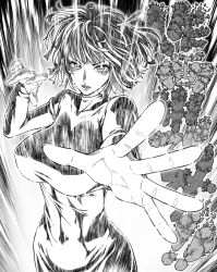 Rule 34 | 1girl, breasts, covered erect nipples, dress, female focus, fubuki (one-punch man), japanese text, looking at viewer, monochrome, nel-zel formula, one-punch man, open mouth, short hair, solo, text focus, translation request
