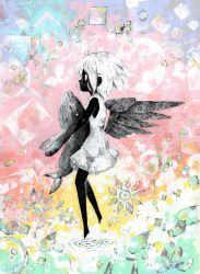 Rule 34 | 1girl, ahoge, bare shoulders, black skin, black wings, boburii, bubble, colored skin, dress, floating, flower, folded wings, from side, gradient background, highres, holding, original, painting (medium), rainbow order, short hair, sleeveless, sleeveless dress, solo, sundress, traditional media, water, watercolor (medium), whale, white dress, white hair, wings
