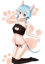 Rule 34 | 1girl, animal ears, arm up, bandeau, bare arms, bare shoulders, black bra, black panties, black ribbon, black thighhighs, blue eyes, blue hair, blush, bra, breasts, cat ears, cat girl, cat lingerie, cat tail, cleavage, cleavage cutout, closed mouth, clothing cutout, collarbone, commentary request, frilled bra, frills, hair between eyes, hair ribbon, head tilt, highres, kneeling, long hair, looking at viewer, medium breasts, meme attire, navel, nogi lief, over-kneehighs, panties, paw print, paw print background, ribbon, side-tie panties, sinon, solo, strapless, strapless bra, sword art online, tail, thighhighs, twitter username, underwear, underwear only, v-shaped eyebrows, white background