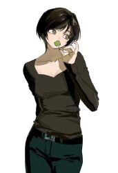 Rule 34 | 1girl, arm behind back, black hair, black pants, brown eyes, candy, collarbone, cowboy shot, doodles, fingernails, food, highres, holding, holding candy, holding food, holding lollipop, kimura 731, lollipop, long sleeves, looking to the side, original, pants, short hair, simple background, solo, white background