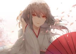 Rule 34 | 1girl, brown eyes, closed mouth, grey hair, grey kimono, hair between eyes, hand in own hair, hand up, highres, japanese clothes, kimono, lips, long hair, looking at viewer, oil-paper umbrella, original, petals, saihate (saihate d3), smile, solo, umbrella, upper body