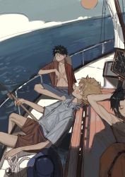 Rule 34 | 3boys, :d, akihare, arms behind head, black hair, blonde hair, boat, fishing, fishing rod, hat, unworn hat, unworn headwear, highres, lying, male focus, monkey d. luffy, multiple boys, on back, one piece, open clothes, open mouth, open shirt, portgas d. ace, sabo (one piece), short sleeves, shorts, sitting, smile, watercraft