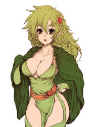 Rule 34 | 1990s (style), 1girl, bad id, bad pixiv id, breasts, cape, cleavage, curvy, female focus, final fantasy, final fantasy iv, green hair, kara (color), large breasts, long hair, retro artstyle, rydia (ff4), simple background, solo, thighhighs