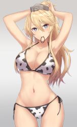 Rule 34 | 1girl, adjusting hair, animal print, bikini, blonde hair, blue eyes, blush, breasts, cleavage, collarbone, cow print, cowboy shot, gluteal fold, gradient background, grey background, groin, hair between eyes, highres, iowa (kancolle), kantai collection, large breasts, long hair, monoku, mouth hold, navel, side-tie bikini bottom, simple background, smile, solo, star-shaped pupils, star (symbol), swimsuit, symbol-shaped pupils, white bikini, wide hips