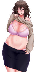 Rule 34 | 1girl, bad id, bad pixiv id, bare shoulders, belly, blush, bra, breasts, brown eyes, brown hair, clothes lift, highres, huge breasts, lace, lace bra, large breasts, long hair, looking at viewer, mature female, navel, original, panties, parted lips, pink bra, pink panties, saogokushi, shirt lift, simple background, skirt, solo, underwear, white background, wide hips