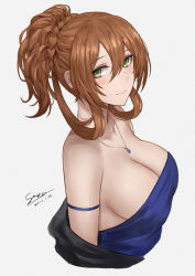 Rule 34 | 1girl, armlet, bare shoulders, blue dress, blush, braid, brown hair, closed mouth, commentary request, dress, evening gown, girls&#039; frontline, green eyes, hair between eyes, high ponytail, highres, jewelry, looking to the side, necklace, selcky, simple background, smile, springfield (girls&#039; frontline), strapless, strapless dress, updo, white background