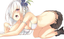 Rule 34 | 1girl, breasts, cleavage, earrings, flower, hair ornament, hair over one eye, jewelry, kneeling, la-na, leaning forward, long hair, open mouth, original, pink eyes, see-through, solo, tongue, white background, white hair