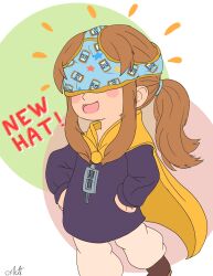 Rule 34 | 1girl, a hat in time, absurdres, boots, brown hair, cape, covered eyes, flatculture, hand on own hip, hat, hat kid, highres, object on head, panties, panties on head, pants, ponytail, sketch, smile, standing, underwear, zipper