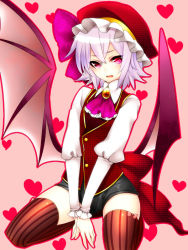 Rule 34 | 1girl, alternate costume, bad id, bad pixiv id, bat wings, brooch, female focus, hat, heart, heart background, jewelry, light purple hair, red eyes, remilia scarlet, short hair, shorts, solo, striped clothes, striped thighhighs, thighhighs, touhou, v arms, vertical-striped clothes, vertical-striped thighhighs, wings, yutazou