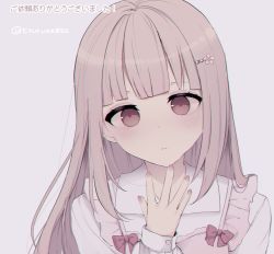 Rule 34 | 1girl, bad id, bad twitter id, blush, bow, brown bow, brown dress, brown eyes, brown hair, chromatic aberration, closed mouth, collared shirt, commentary, dress, eyebrows hidden by hair, flower, grey background, hair flower, hair ornament, hairclip, hand up, highres, long hair, long sleeves, looking at viewer, original, pink flower, shirt, simple background, sleeveless, sleeveless dress, solo, symbol-only commentary, translation request, tsuruse, twitter username, white shirt